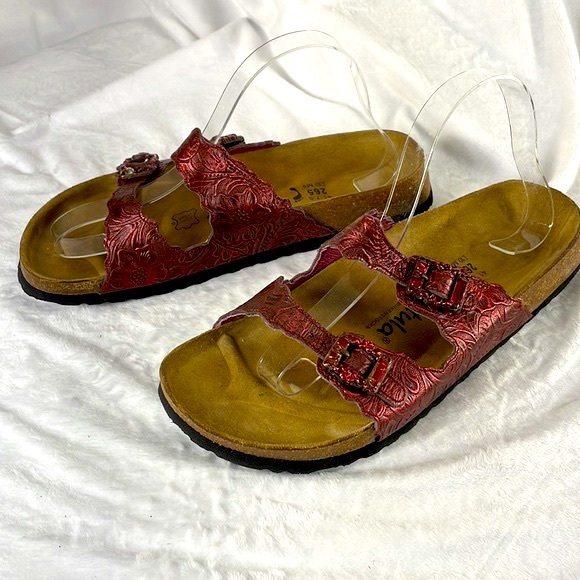 Betula by Birkenstock Brick Red/ Black Leather Jeweled Sandal Women US 10 EUR 41 - Picture 5 of 14